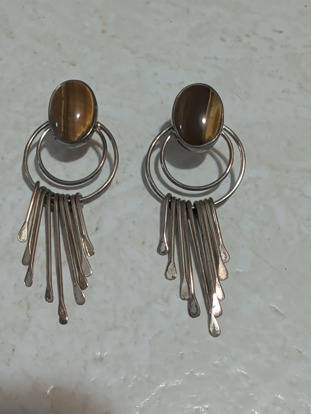 Women’s Tiger Eye Drop Earrings with Silver Rings